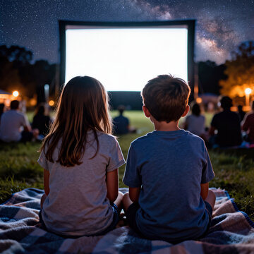 Two Young Children Gaze at an Outdoor Movie Screen Under a Dazzling Starry Night Sky with the Milky Way
