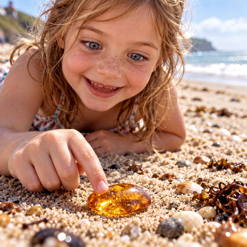 A joyful young girl with bright blue eyes and freckles smiles while pointing at a golden amber stone on a sunlit sandy beach.