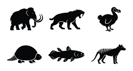 Fototapeta premium Extinct Animals Silhouette Collection: Mammoth, Saber-Toothed Cat, Dodo, Dinosaur, Coelacanth, Thylacine Vector Icons