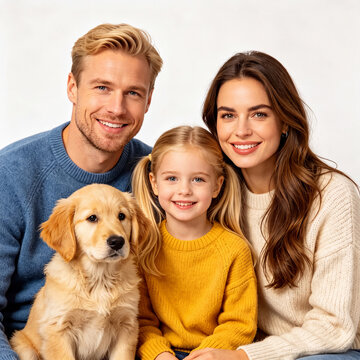 A happy family portrait featuring a smiling father, mother, and their adorable daughter with a golden retriever puppy on a white background.