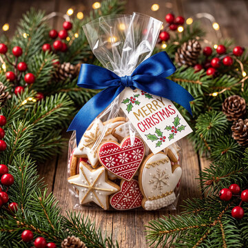 Festive Christmas gingerbread cookies in a clear gift bag with a blue bow and holiday tag, adorned with natural pine decor.