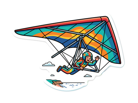 Hang gliding vector illustration of a pilot flying a colorful hang glider in the sky