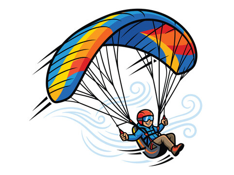 Paragliding vector illustration of happy pilot flying colorful paraglider with wind streams