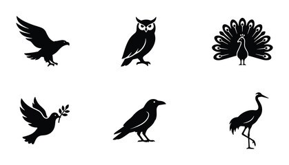 Fototapeta premium Elegant Bird Silhouettes: Eagle, Owl, Peacock, Dove, Crow, Crane Icons for Nature and Wildlife Designs