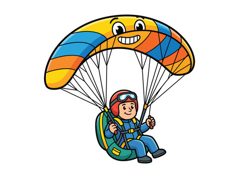 Paragliding vector illustration of happy smiling character with colorful parachute canopy