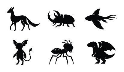 Fototapeta premium Mythical Creatures and Animals Silhouette Collection, Fantasy Beasts Vector Icons, Dark Fantasy Character Set