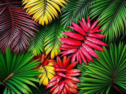 Tropical leaves with palm fronds in various shapes and sizes, isolated elements, decorative illustrations