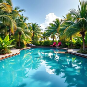 Tropical palms surround a serene pool, reflecting vibrant greenery, oasis, greenery