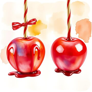 Two watercolor candy apples with red caramel coating and drips on sticks, watercolor, holiday