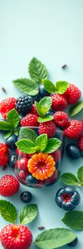 Vibrant capsule filled with mixed berries and greens, tasty, capsules