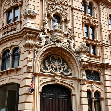 Victorian-era fa&ccedil;ade with intricate stone carvings, Victorian architecture, aged brickwork