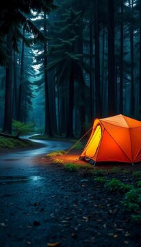 Warm light spills from orange tent situated on rainy forest path, haven, rain