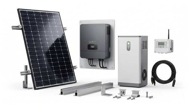 Renewable solar energy system, photovoltaic panel with power inverter and battery storage, home electricity generation kit on white