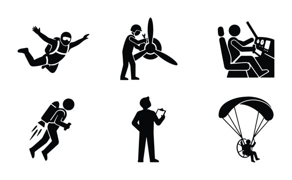 Extreme Sports & Aviation Icons: Skydiving, Jetpack, Pilot, Paragliding, Aircraft Maintenance, Drone Operator Vector Set