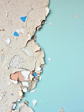 Weathered stone wall with peeling paint flakes, foliage, natural