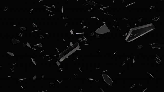 Dense shattered glass fragment cloud overlay on black background, fine debris VFX animation loop