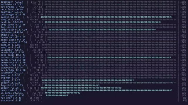 Package installation scrolling across dark terminal screen with teal progress bars and version numbers. Horizontal developer aesthetic for software, coding, and technology themes.