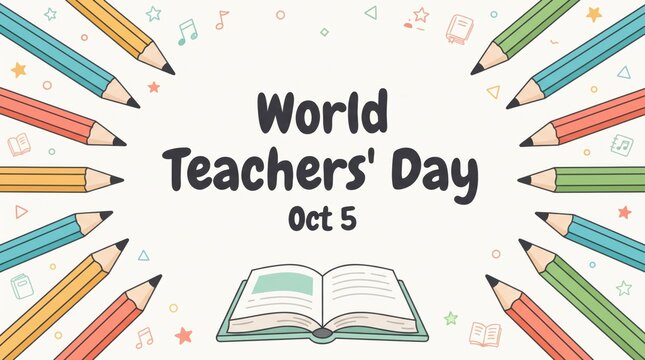World teachers day illustration with colorful pencils and open book