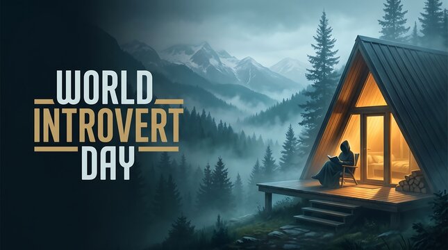 World Introvert Day Celebration Concept with a Woman Reading on an A-Frame Cabin Deck Overlooking Misty Mountains and Pine Forest