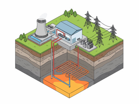 Geothermal energy production system showing a single cooling tower and subterranean loops extracting heat from deep rock strata layers beneath the surface.