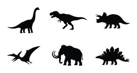 Dinosaurs and mammoth silhouettes set with pterodactyl, brachiosaurus and triceratops for prehistoric themes © Sujon