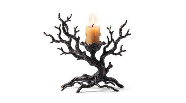 Ornate Bronze Tree Branch Candlestick Holder with Lit Candle on White Background