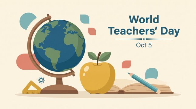 World teachers day illustration with globe apple and pencil