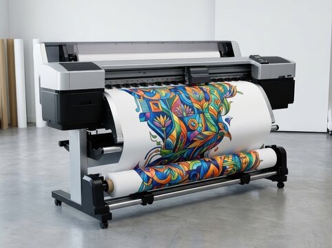 Large format printer generates colorful graphics onto paper. High technology prints large designs and illustrations on wide rolls of material, professional, industrial printer, banners