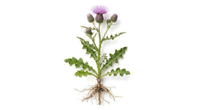 Complete canadian thistle plant featuring green leaves, purple flower head, and underground root system on white