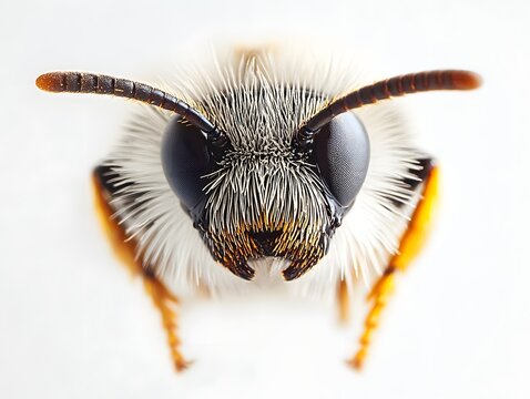 Bee head macro showing compound eyes, antennae and hairs