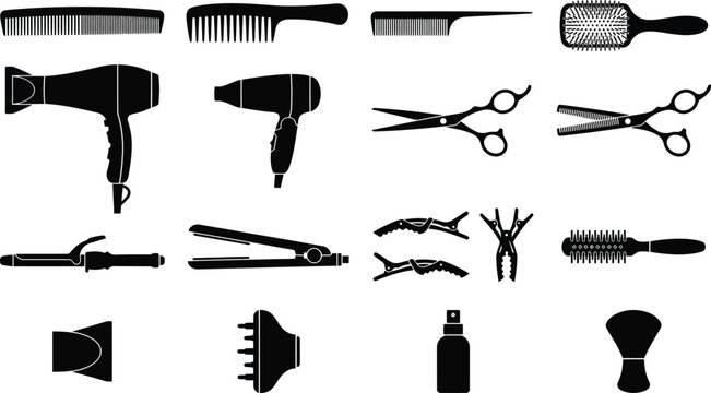 Hairdressing salon and barber tools silhouettes collection with silhouette