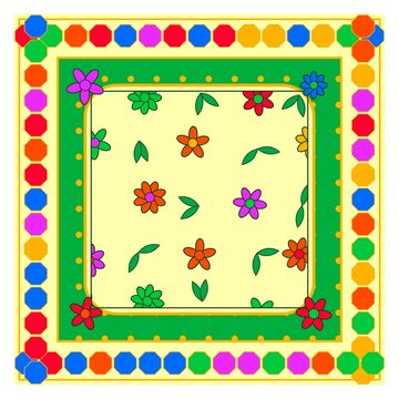 A decorative square frame with a border of colorful octagons surrounding a center of floral patterns
