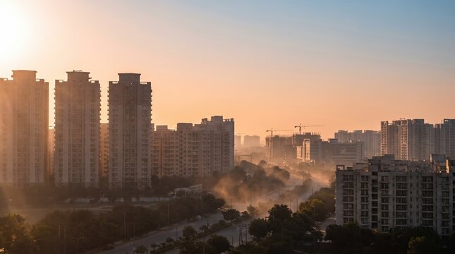 Misty sunrise over high rise buildings in Ghaziabad city skyline