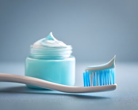 Toothpaste on blue-bristled toothbrush with jar in soft light