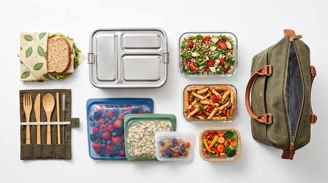 Eco-friendly zero waste lunch kit, reusable meal prep containers and stainless steel bento box, sustainable lifestyle flat lay on white background