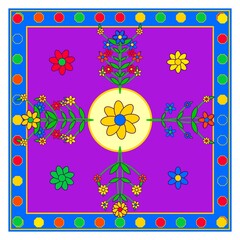 A purple square with a central yellow circle and floral motifs surrounded by a blue dotted border de © graphicdesignar