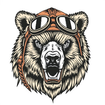 Vintage roaring bear illustration with aviator goggles