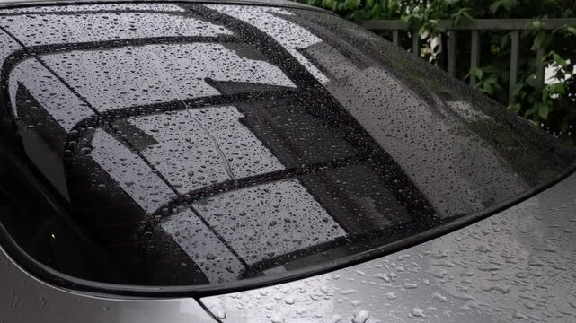 Raindrops on a car rear window during a cloudy day with reflections of nearby building structures