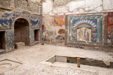 ERCOLANO, ITALY : Close up view of the ancient Roman wall mosaic depicting Neptune and Amphitrite inside the House of Neptune and Amphitrite in Herculaneum. © AShots