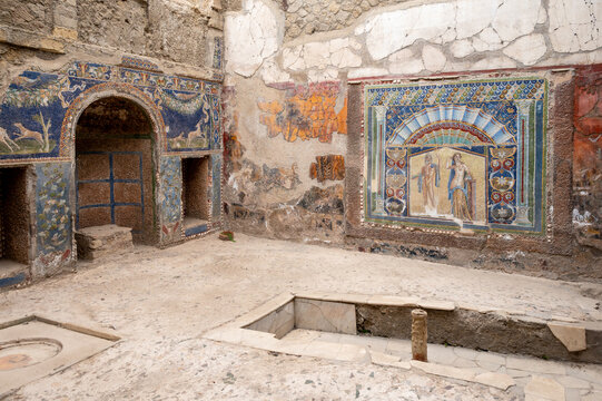 ERCOLANO, ITALY : Close up view of the ancient Roman wall mosaic depicting Neptune and Amphitrite inside the House of Neptune and Amphitrite in Herculaneum.