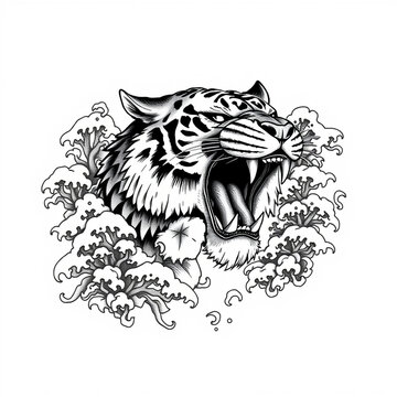 Roaring tiger head surrounded by Japanese waves