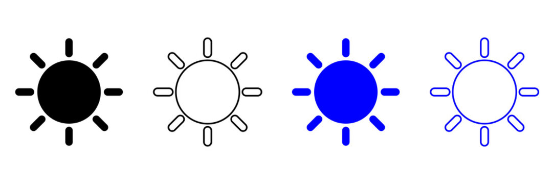 Sun Icon Set with Filled and Outline Symbols in Black and Blue