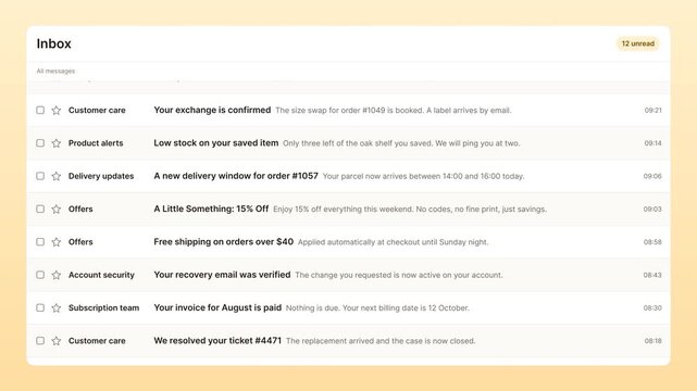 Animated inbox email client interface with discount offers and weekend promotions in landscape format. Message list displays order updates, receipts, and shipping notifications on orange gradient.