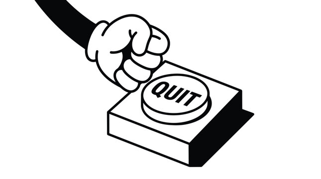 Cartoon hand forcefully pushing a big quit button in vector graphic line art style