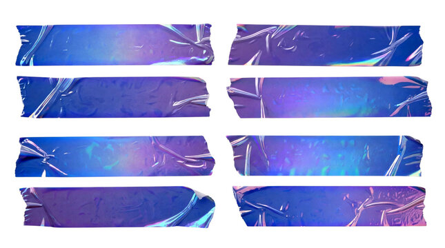 Collection of 8 light blue lavender holographic tape strips soft glow torn edges isolated white background transparent PNG