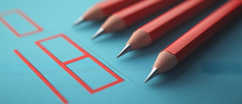Red pencils aligned above checkboxes on blue paper, close-up
