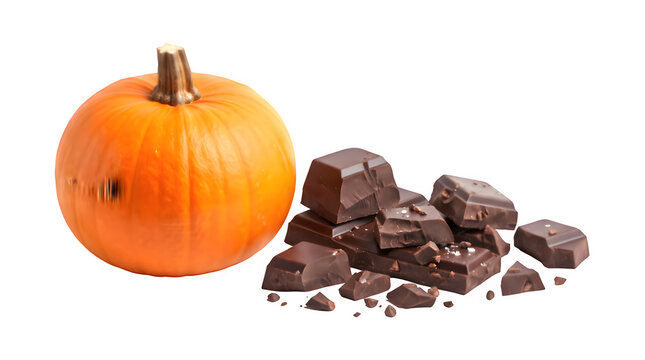 Fresh orange pumpkin next to broken pieces of dark chocolate as PNG asset