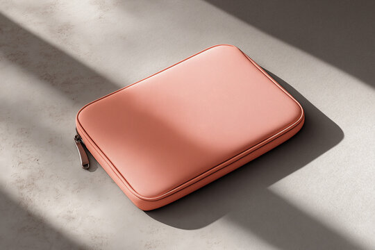 Pastel coral laptop sleeve mockup on concrete floor