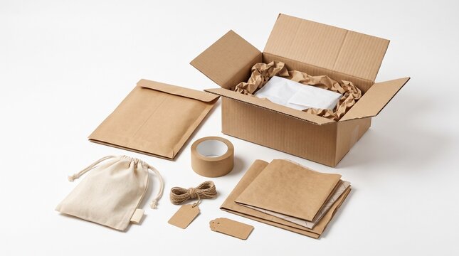 Sustainable eco-friendly packaging materials set, brown cardboard shipping box with kraft paper and cotton bag, minimalist e-commerce delivery supplies