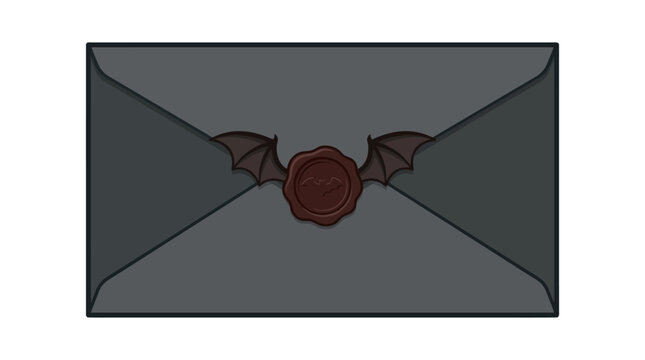Dark grey envelope sealed with a wax stamp featuring bat wings isolated on white background